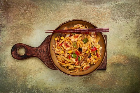 Fried noodles with chicken meat and vegetables, Bami Goreng, Indonesian dish, no people