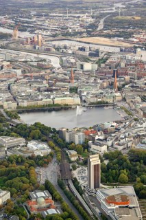 Aerial view of the Inner Alster Lake with CCH Hamburg, Jungfernstieg, Speicherstadt and Elbe,