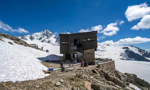 Mountain hut Refuge Albert 1er, high alpine mountain landscape, Glacier du Tour, glacier and