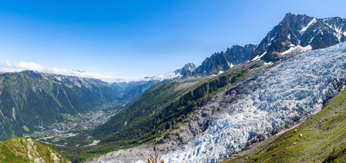Panorama, mountain landscape with glacier Glacier des Bossons and summit of the Aiguille du Midi,