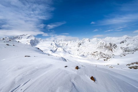 Snow-covered mountain landscape, mountain peak Monte Cevedale and glacier Zufallferner and