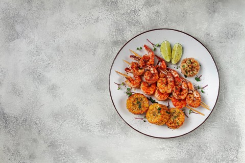 Tiger prawns on skewers, shrimp kebab, with corn, fried, homemade, no people
