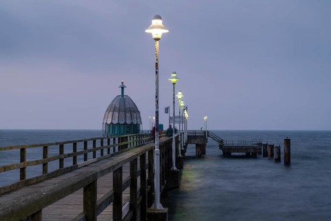 Vinetabrücke, Illuminated pier with diving gondola, Blue Hour, Zinnowitz, Usedom Island, Baltic