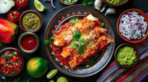 Plate of enchiladas with a side of salsa and guacamole. Wooden table with bowls of various sauces,