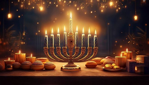 Hanukkia, eight-armed Hanukkah candlestick with lit candles, symbolic image for Hanukkah, Jewish