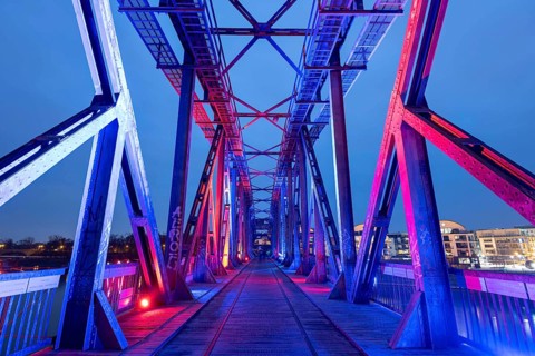 Illuminated lift bridge, former railway bridge, Magdeburg, Saxony-Anhalt, Germany, Europe