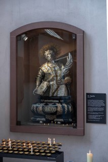 Sculpture of St Aquiline in a niche, in the Gothic Chapel of St Mary, Würzburg, Lower Franconia,