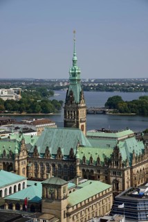 Europe, Germany, Hamburg, City, View from above of City Hall, Inner and Outer Alster Lake Lake,