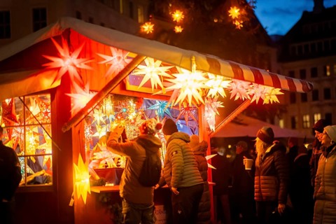 The historic Christmas market on the Neumarkt in front of the Church of Our Lady, Dresden, Saxony,