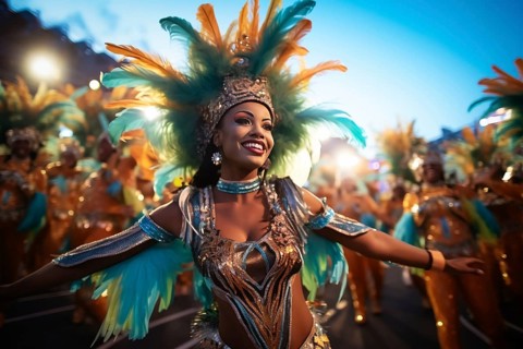 Captivating image capturing the essence of the Rio Carnival, showcasing a dancer adorned in an