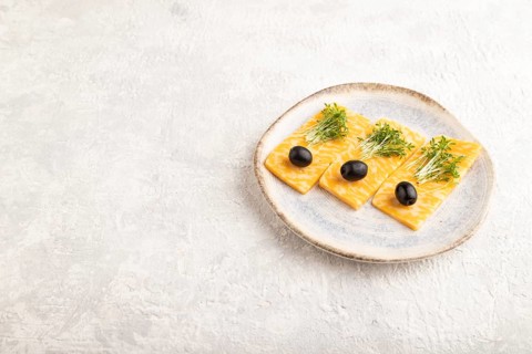 Marble cheese with olives and watercress microgreen on gray concrete background. side view, copy