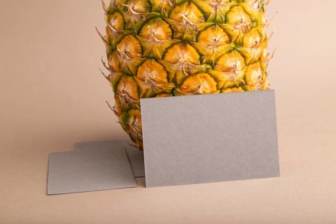 Gray paper business card with ripe pineapple on orange pastel background. Side view, copy space.