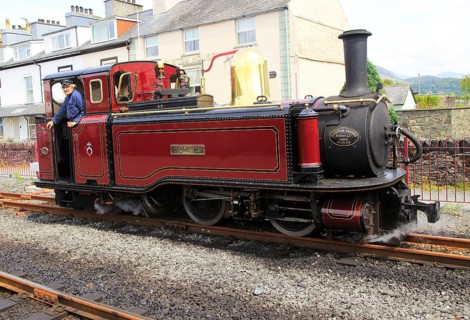 Steam train of Welsh Highland Railway, Porthmadog station, Gwynedd, north west Wales, UK