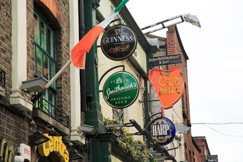 Beer signs outside The Old Mill pub in Temple Bar area, Dublin city centre, Ireland, Republic of