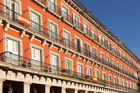 Plaza Mayor, Madrid, Spain designed 1619 Juan Gomez de Mora central square tourist attraction in