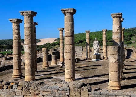 Statue of Emperor Trajan in the forum, Baelo Claudia Roman site, Cadiz Province, Spain, Europe