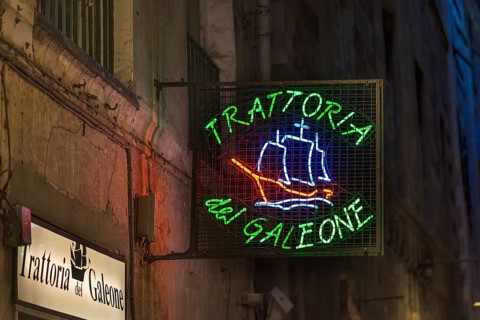 Illuminated nose sign of the Trattoria del Galeone, Via di S. Bernardo, 55R, Genoa, Italy, Europe
