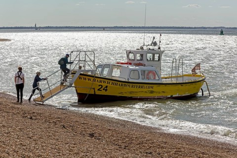 Harwich Harbour Ferry boat passengers boarding at Felixstowe, Suffolk, England, UK