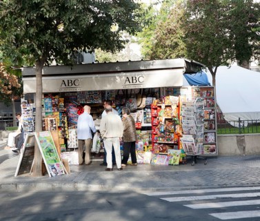Typical street corner newsagent booth, Seville, Spain, Europe