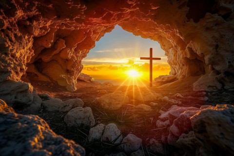 Easter concept cross on Golgotha Calvary hill against a dramatic sunset seen from open tomb of