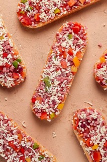 Pizza on a baguette, top view, close-up, no people, fast food, street food