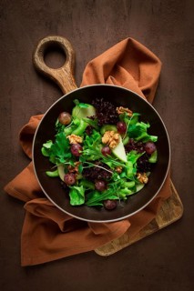 Fresh salad, waldorf, celery stalk, with apple and walnut, grapes, herbs, homemade, no people
