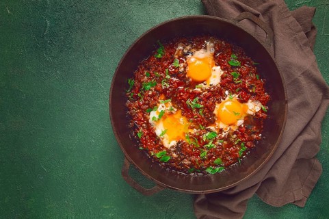 Fried eggs in tomato sauce, chirbuli, shakshuka, breakfast, eggs in tomatoes