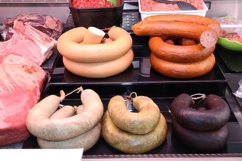 Sausage counter in a butcher's shop
