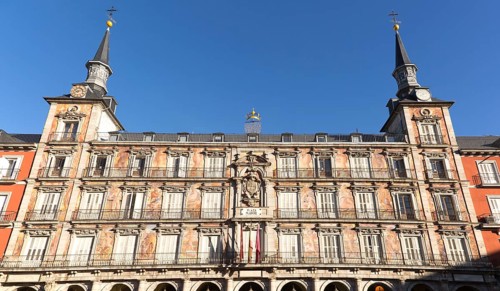 Plaza Mayor, Madrid, Spain designed 1619 Juan Gomez de Mora central square tourist attraction in