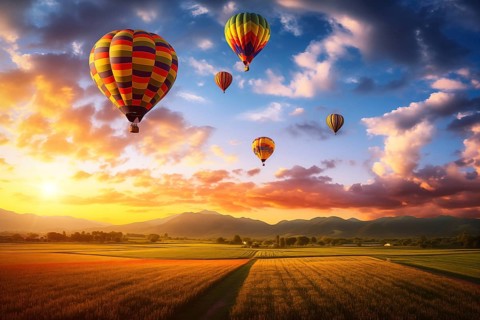 A colorful hot air balloons floats in sky over a blooming field meadow of flowers landscape at