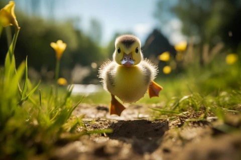 A close-up of a cute duckling standing in a sunlit meadow, with other ducklings and wildflowers in