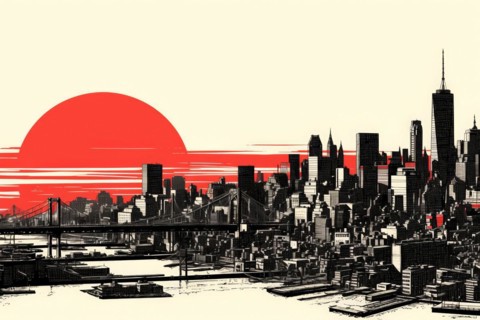 Illustration, graphic of the Manhattan skyline with the Manhattan Bridge over the East River,