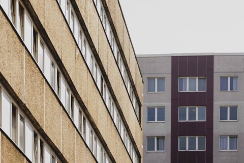 Prefabricated buildings, photographed in the Berlin district of Lichtenberg in Berlin, 29/02/2024