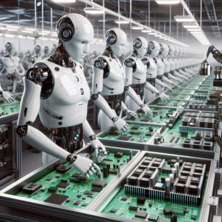 Humanoid robots assemble circuits on an assembly line in a factory, symbolic image cybernetics,