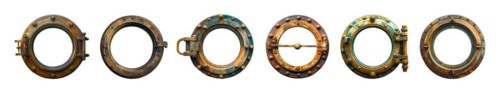 Set of vintage aged brass ship porthole isolated on a white background. generative AI, AI generated