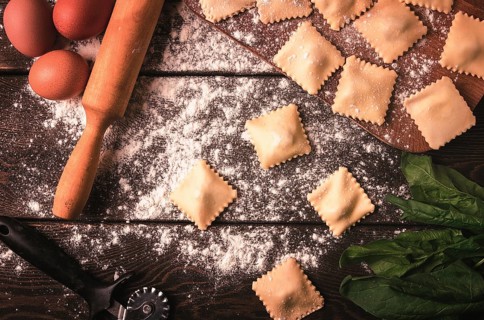 Cheese, Spinach ravioli, on a wooden table, selective focus, rustic style, horizontal, no people