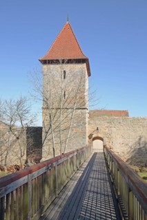 Wooden bridge to the Wächtersturm with historic town fortifications, town wall, wooden fence,