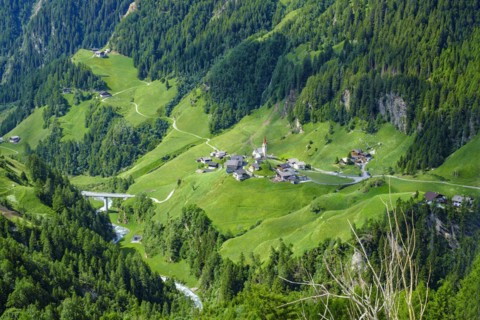 Picturesque mountain landscape and view over the Passeier Valley above Rabenstein, moss in