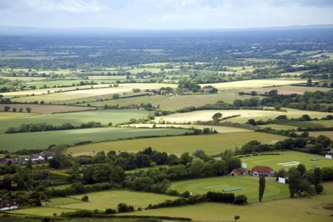 View over patchwork of fields in the Weald near Fulking, West Sussex, England, United Kingdom,