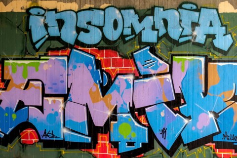 Graffiti in blue and pink tones with the lettering 'insomnia', Landau, Rhineland-Palatinate,