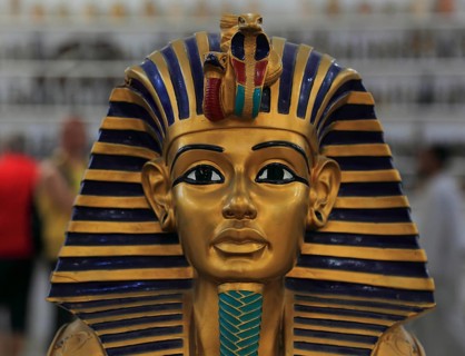 Tutankhamun's death mask replica in an alabaster factory in Luxor, West Luxor, Africa, Egypt,