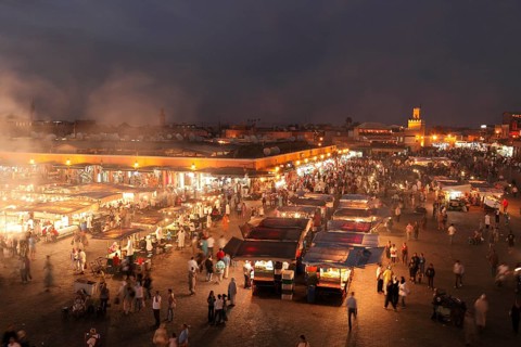 Restaurants in the evening on the Djemaa el Fna square in Marrakech, Morocco, Africa