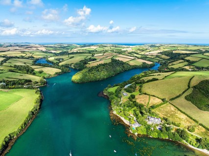 Salcombe and Mill Bay over Kingsbridge Estuary from a drone, Batson Creek, Southpool Creek, Devon,