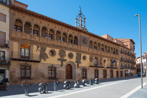 Magnificent historic building with ornate facades in a city street, Casa Consistorial de Tarazona,