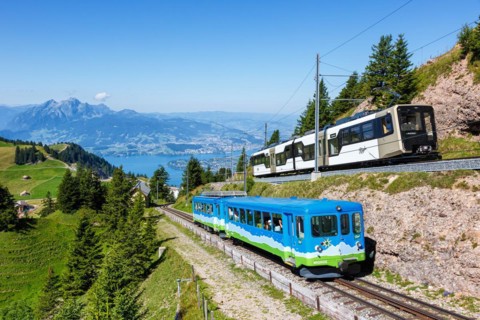 Rigi railway on Mount Rigi in the Alps in Rigi, Switzerland, Europe