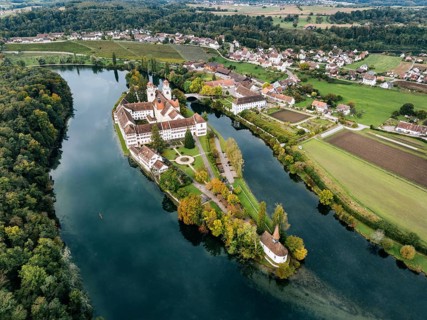 Aerial view of the former Benedictine abbey with the monastery church of St Mary and the pointed