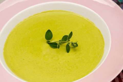South German cuisine, pea soup, soup arranged in a plate, herbs, savoury, salty, traditional