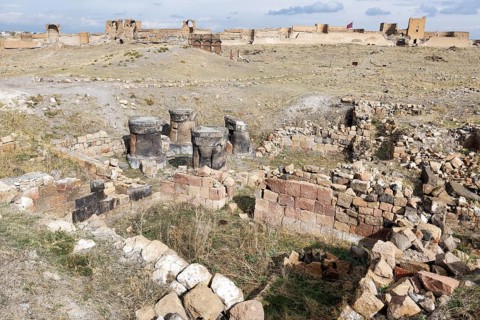 Columns of the Zoroastrian Fire temple, Ani Archaeological site, Kars, Turkey, Asia