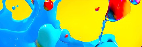 Abstract image with vibrant blue and red blobs and liquid shapes on a yellow background, AI