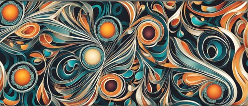 A whimsical abstract pattern with intertwined ribbons, eggs, and floral motifs, with a mix of sharp